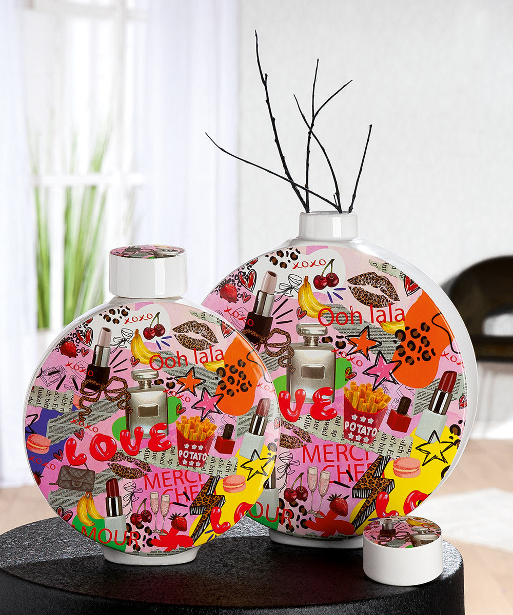 Gilde Lidded Vase Ooh Lala Popart ceramics with vibrant colorful design and a removable lid, decorative home accent piece.