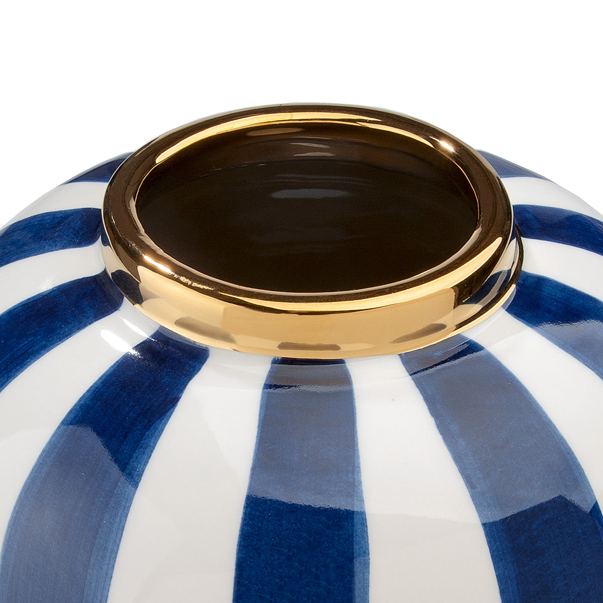 Blue and white Gilde bulbous Elio striped ceramic vase with a rounded shape and decorative pattern.