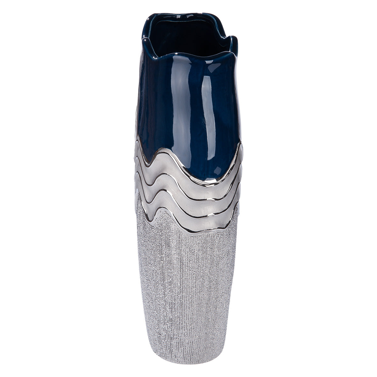 Dark blue Gilde ceramic vase with a conical wavy design and silver accents, showcasing a modern, artistic shape.