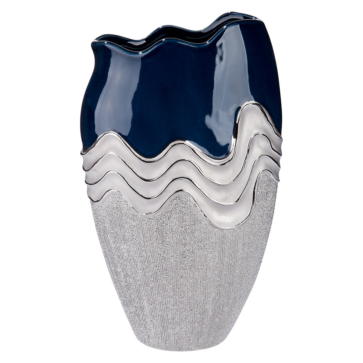 Dark blue conical ceramic Gilde vase with wavy silver accents, featuring a modern, artistic design.
