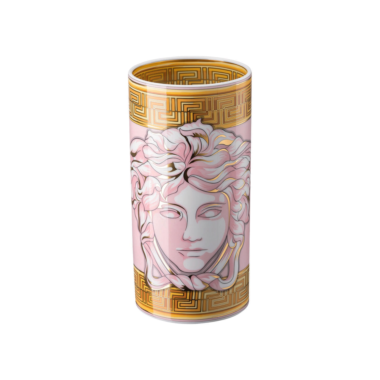 Versace Medusa Amplified Coin pink vase, 24cm tall, featuring intricate design and Medusa motif, perfect for decorative display.