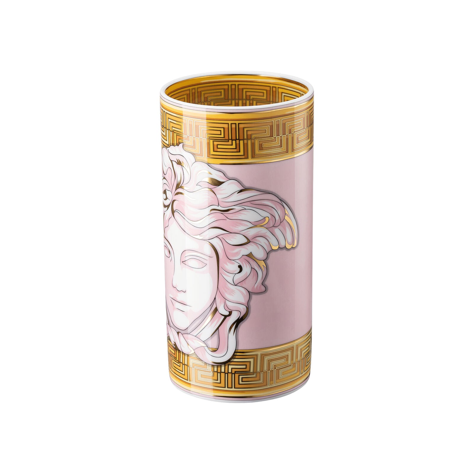 Pink Versace Medusa Amplified Coin vase, 24cm tall, featuring intricate design and luxurious style.