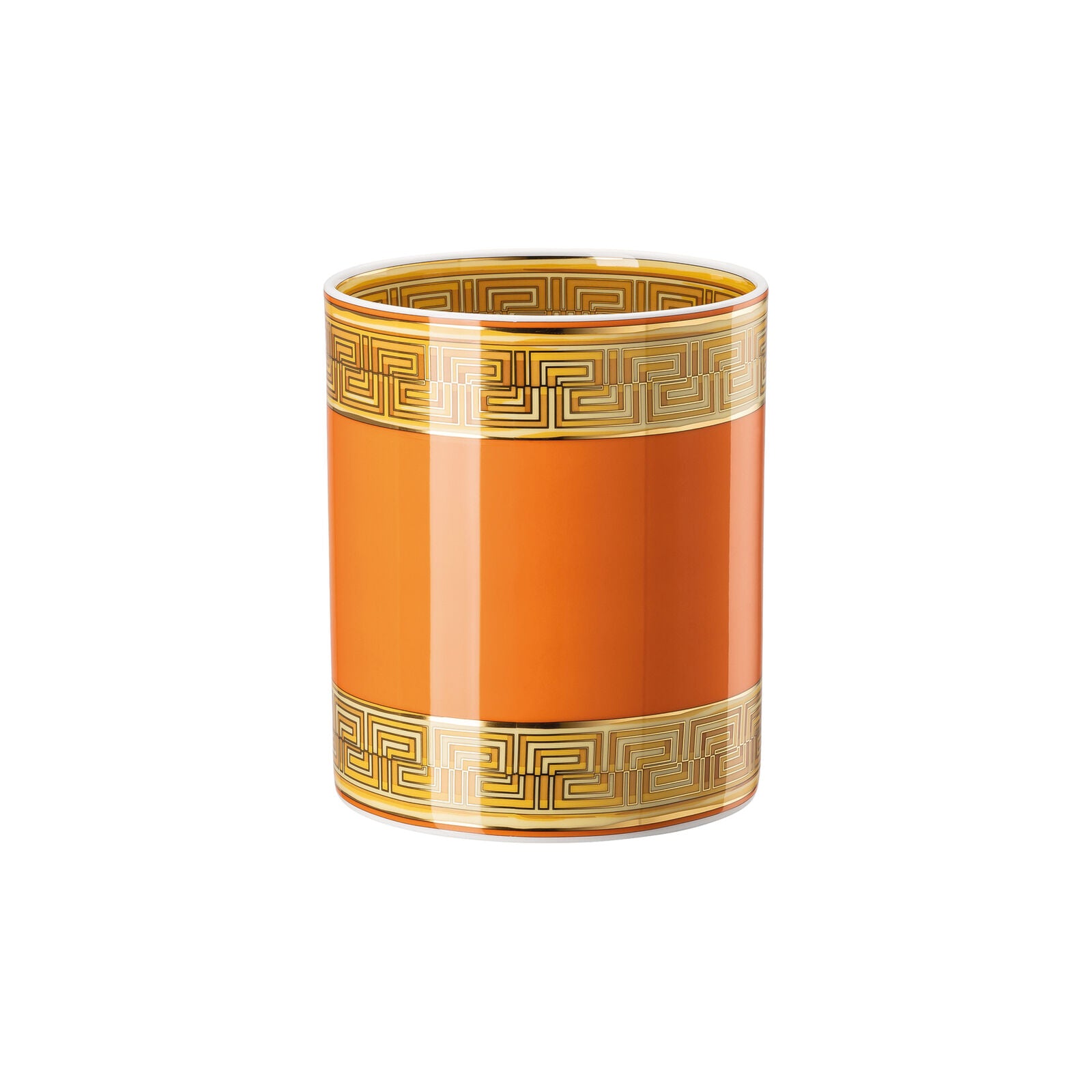 Versace Medusa Amplified orange ceramic vase, 18cm tall with intricate design and bold Medusa logo, perfect for decorative display.