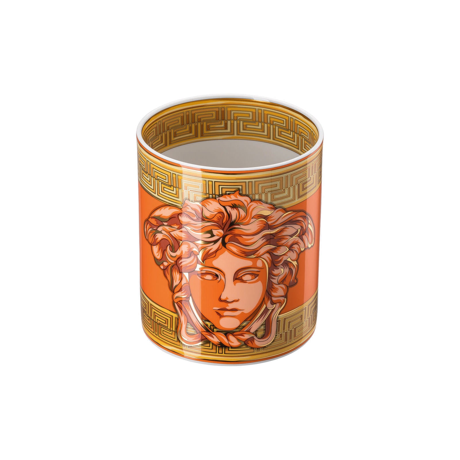Versace Medusa Amplified Orange Coin vase, 18cm tall, featuring bold Medusa design and vibrant orange color, decorative home accessory.