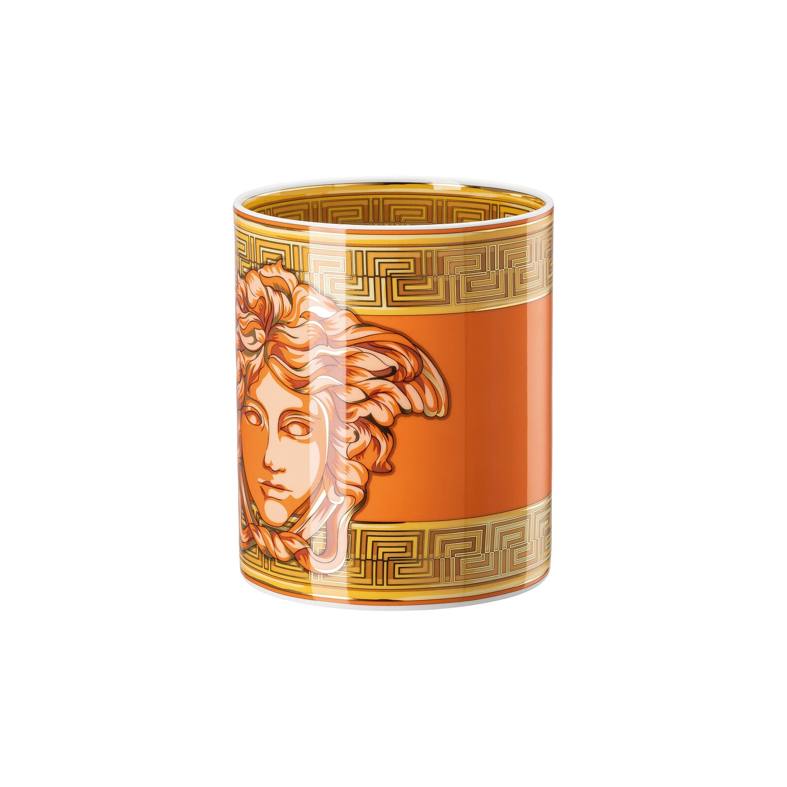 Versace Medusa Amplified Orange Coin vase, 18cm tall, with bold orange design and intricate patterns, perfect for decorative display.