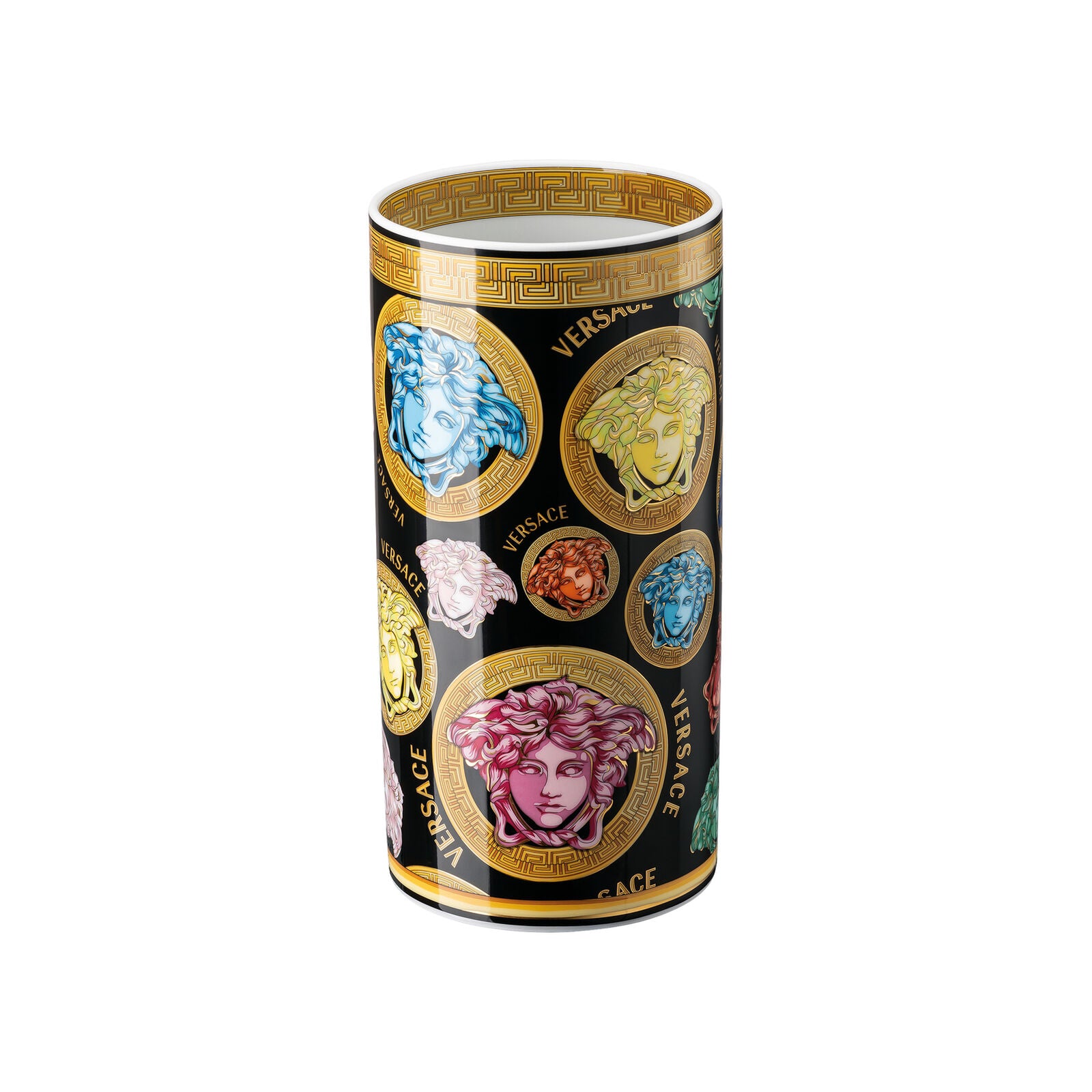 Versace Medusa Amplified vase, 24cm tall, with intricate design and bold Medusa motif in vibrant colors.