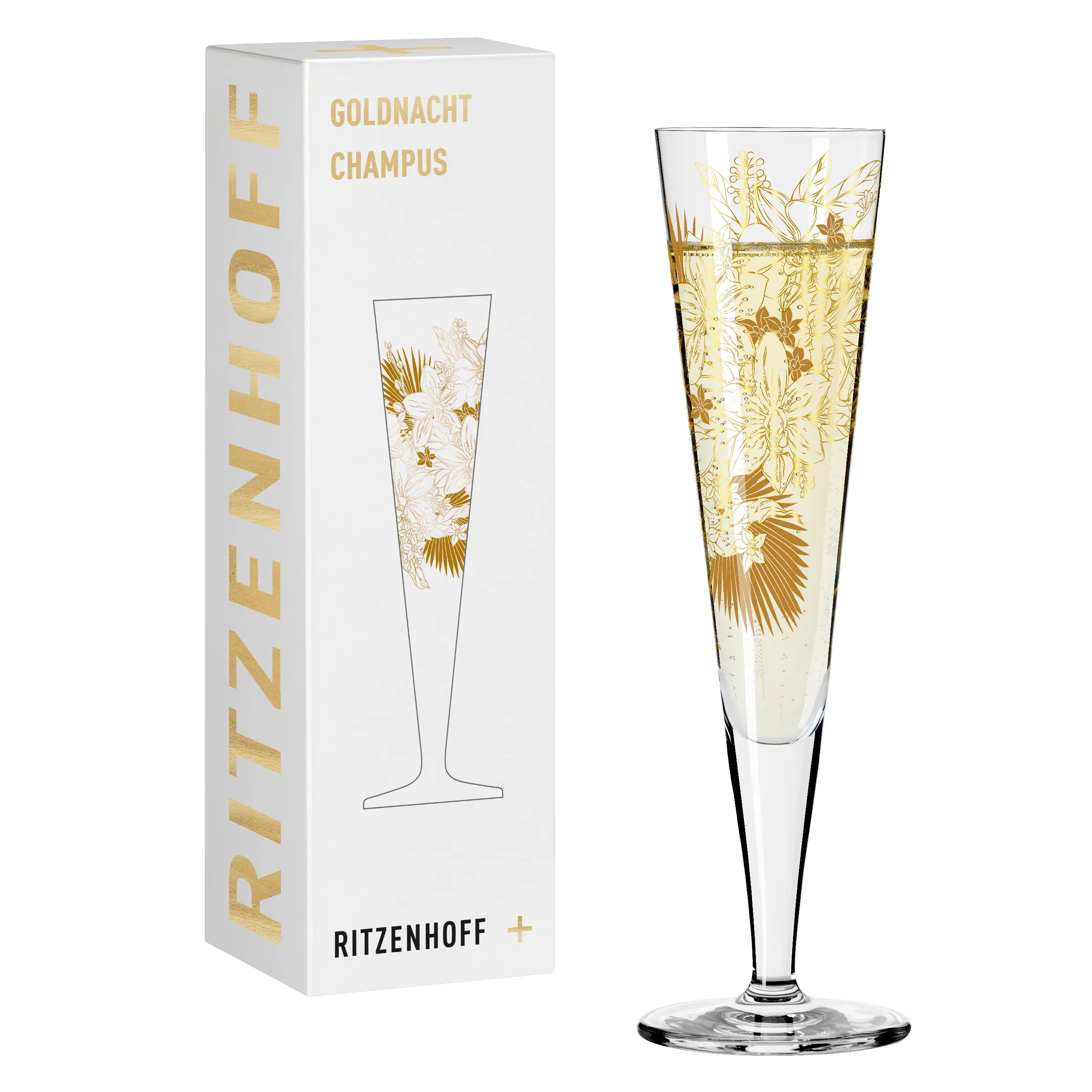 Ritzenhoff Champagne Champus Goldnacht #32 M.Enterrios glass featuring gold and black design for celebratory occasions