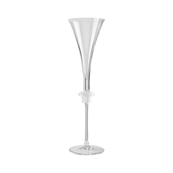 Elegant Versace Medusa Lumiere champagne flute with intricate gold detailing and clear glass stem, ideal for celebratory moments.