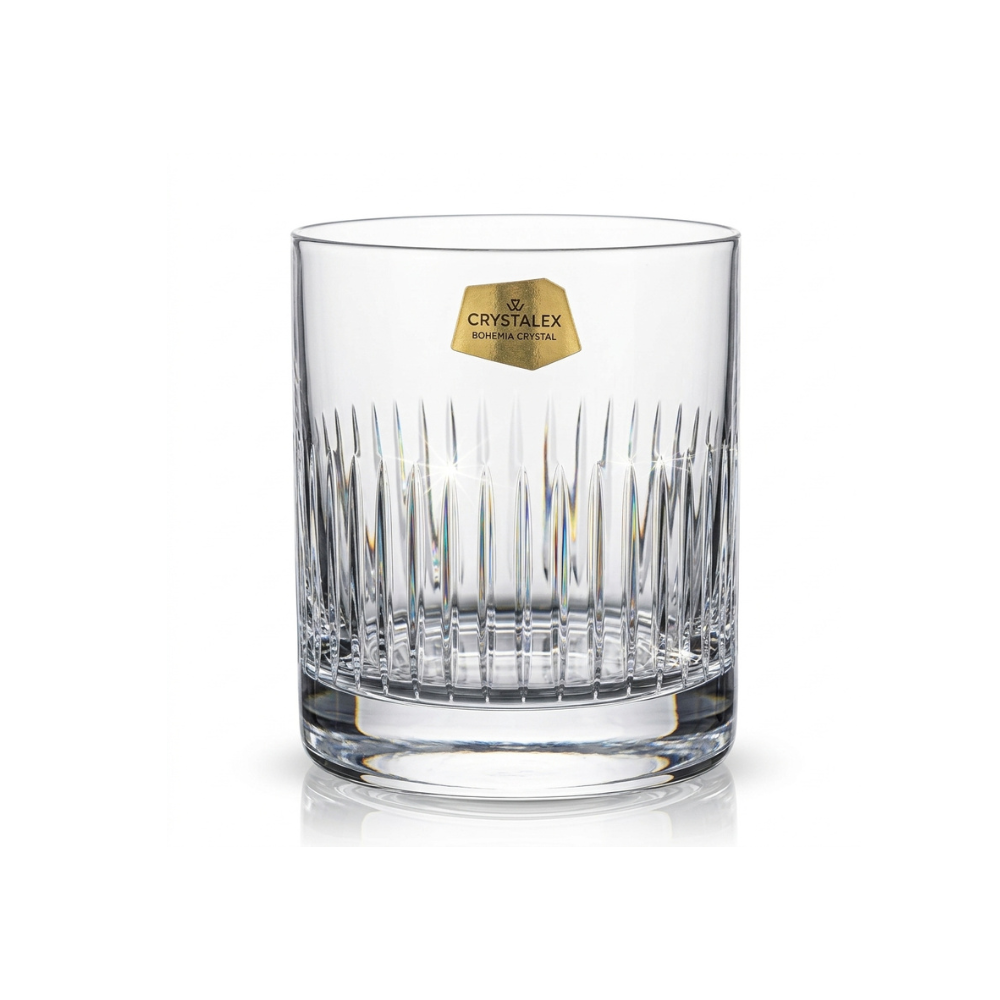 Set of four Bohemia Crystal Whisky Tumblers with linear polished design, each 280 ml capacity, elegant drinkware for spirits.