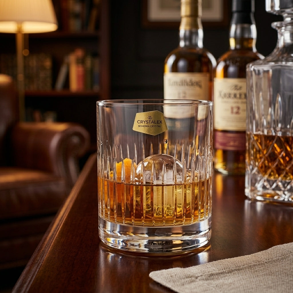 Set of four Bohemia crystal whisky tumblers, linear polished design, 280 ml capacity, elegant drinkware for spirits.
