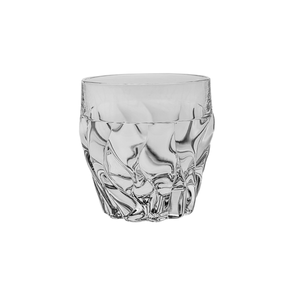 Set of six Bohemia Crystal DOF tumblers with bamboo accents, 350ml capacity, elegant glassware for beverages.