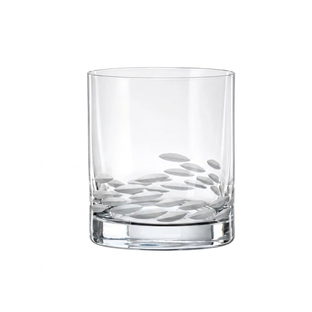 Set of four Bohemia Crystal whisky tumblers with matte swirl design, 280ml capacity, elegant and durable for fine drinking experiences.