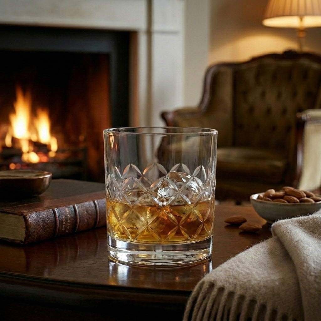 Set of four Bohemia Crystal whisky tumblers with matte square pattern, 280ml capacity, showcasing elegant crystal craftsmanship.