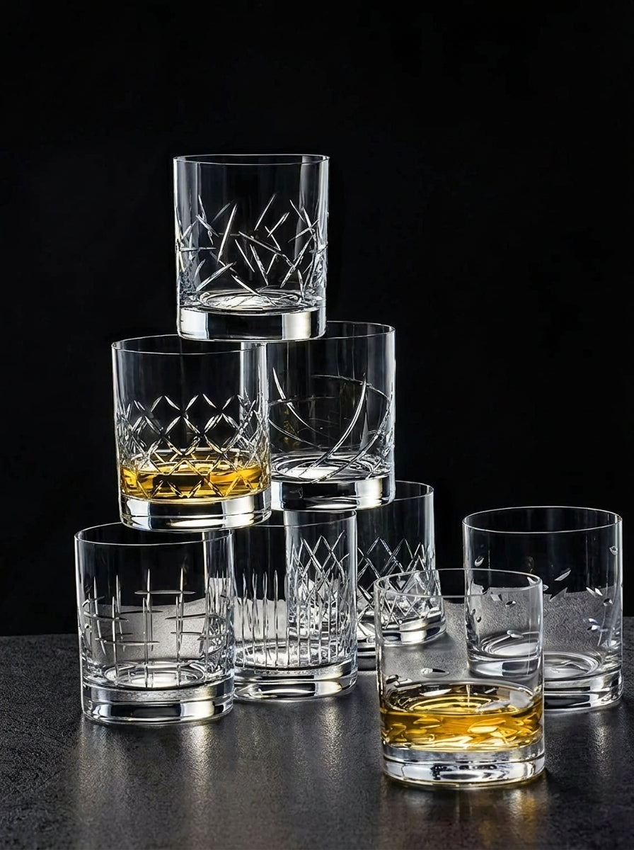 Set of four Bohemia Crystal Whisky Tumblers with drop polished finish, 280 ml capacity, elegant and clear drinking glasses