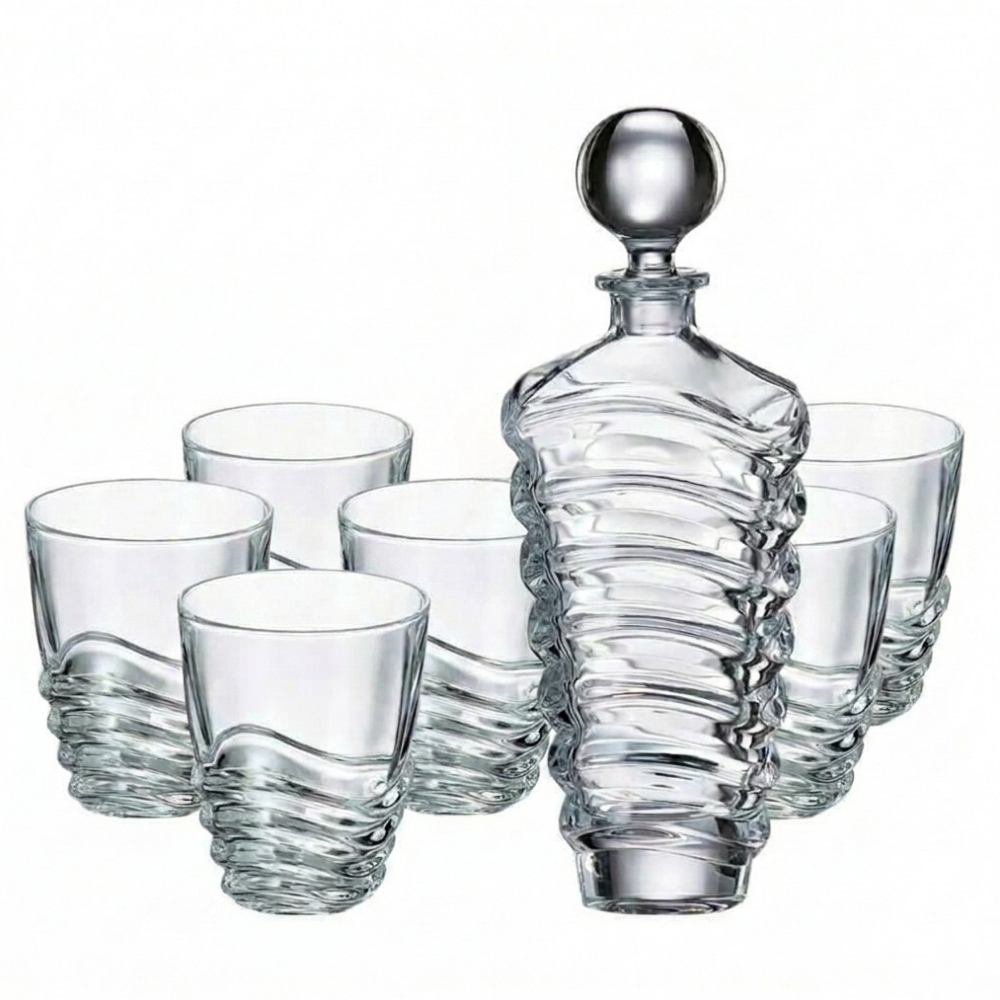 Bohemia Crystal decanter and 6 whiskey glasses with wave design, part of the 7-piece whisky set, elegant crystal drinkware for spirits.