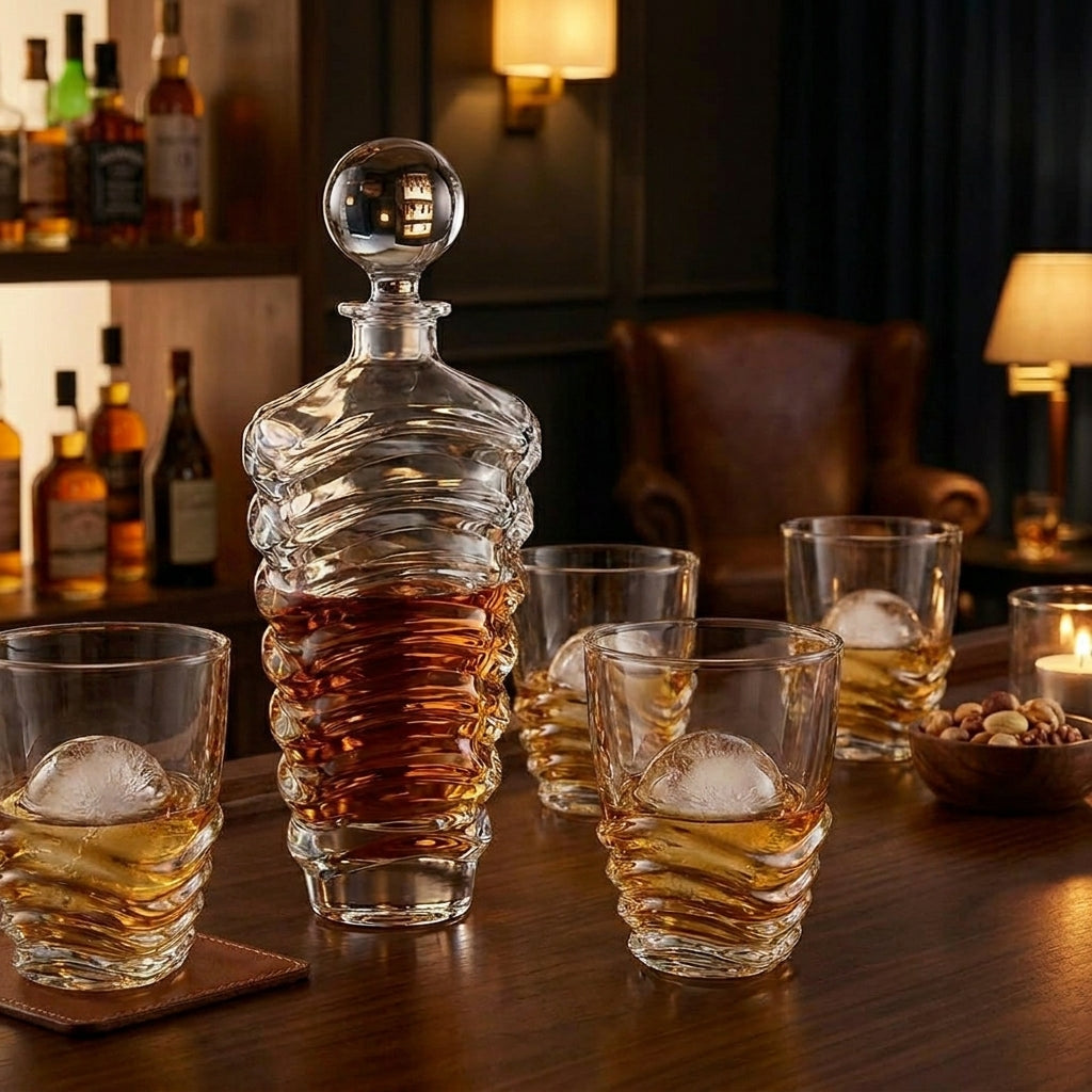 Bohemia Crystal decanter and 6 whiskey glasses with wave design in a 7-piece set on a wooden surface.