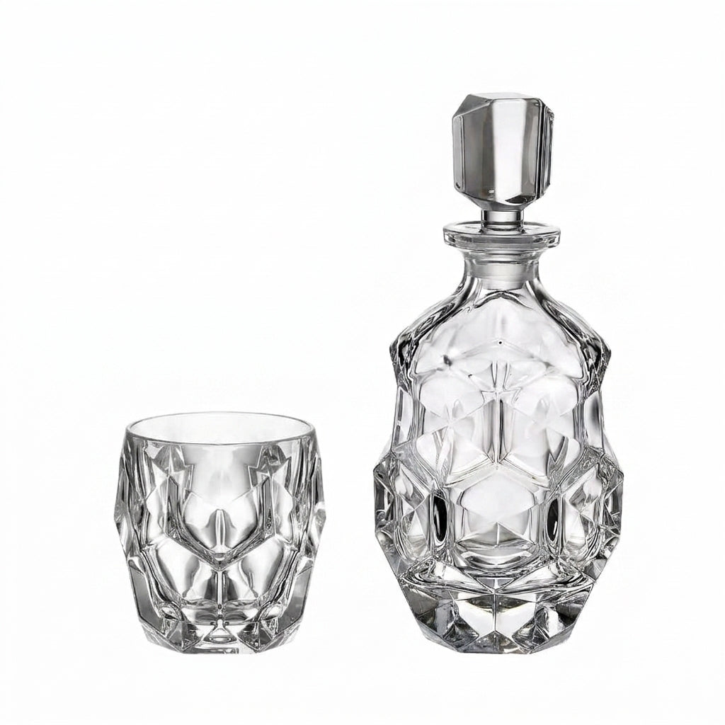 Bohemia Crystal decanter and 6 whisky glasses in a lunar design, part of the 7-piece whisky set, with intricate crystal craftsmanship.