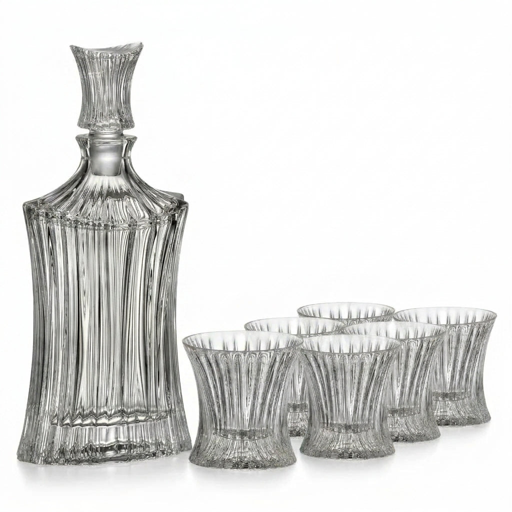 Bohemia Crystal decanter and 6 whiskey glasses in a 7-piece set, elegant crystal glassware for whiskey or spirits.
