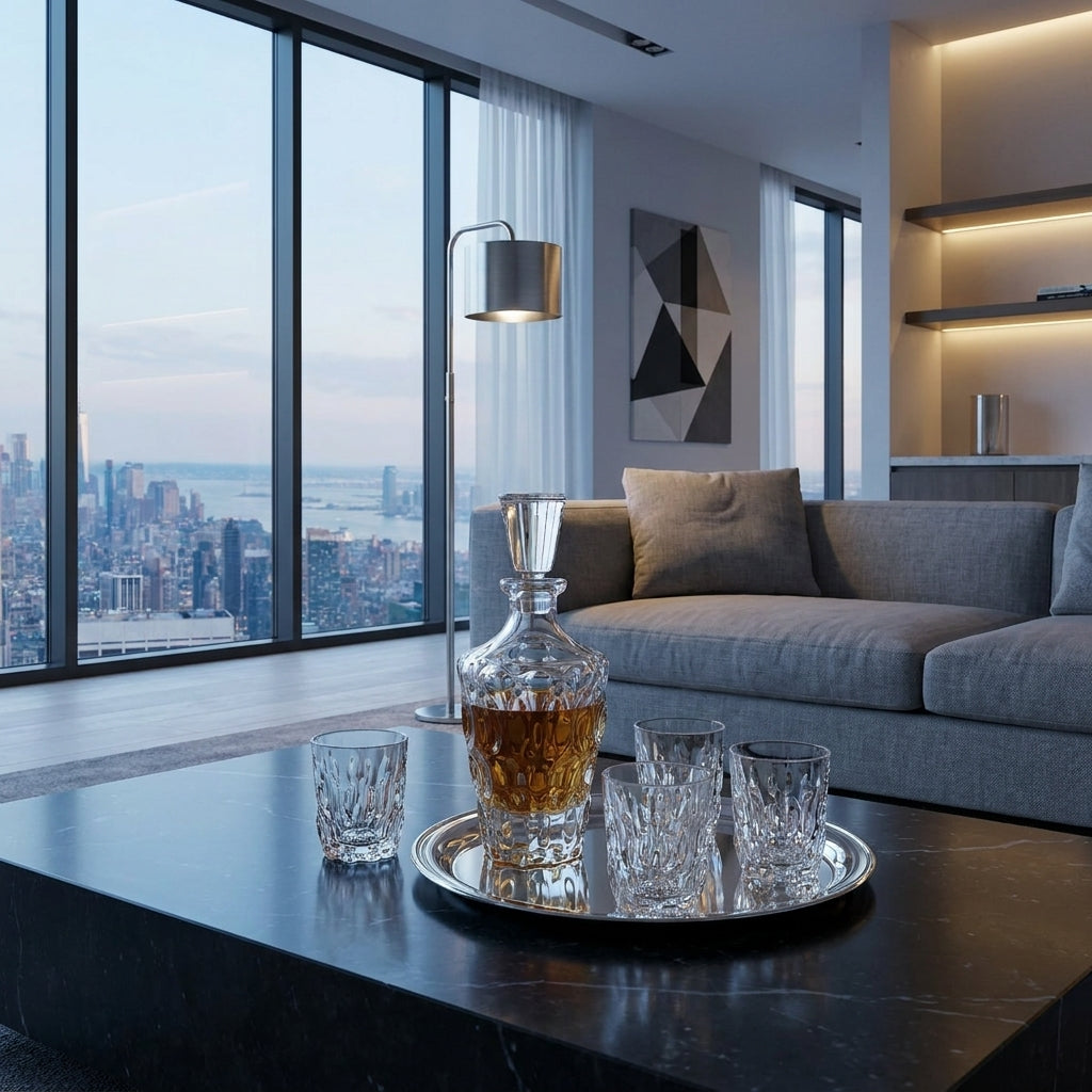 Bohemia Crystal decanter and 6 whisky glasses set, featuring elegant crystal craftsmanship and detailed designs.