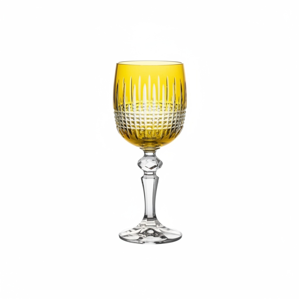 Yellow amber Kolglass Julia wine glass with 200ml capacity, featuring a sleek design and clear glass construction.