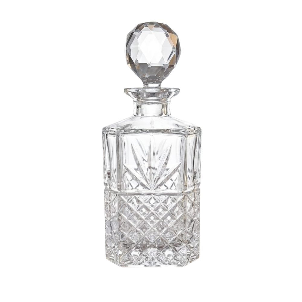 Bohemia Crystal Spirit Decanter with intricate design and elegant stopper, showcasing fine craftsmanship and clear crystal clarity.