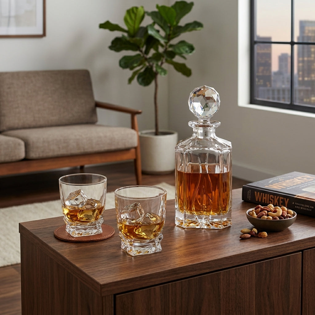 Bohemia Crystal Spirit Decanter Fiona Flame with intricate flame design and elegant glass stopper on a clear crystal decanter