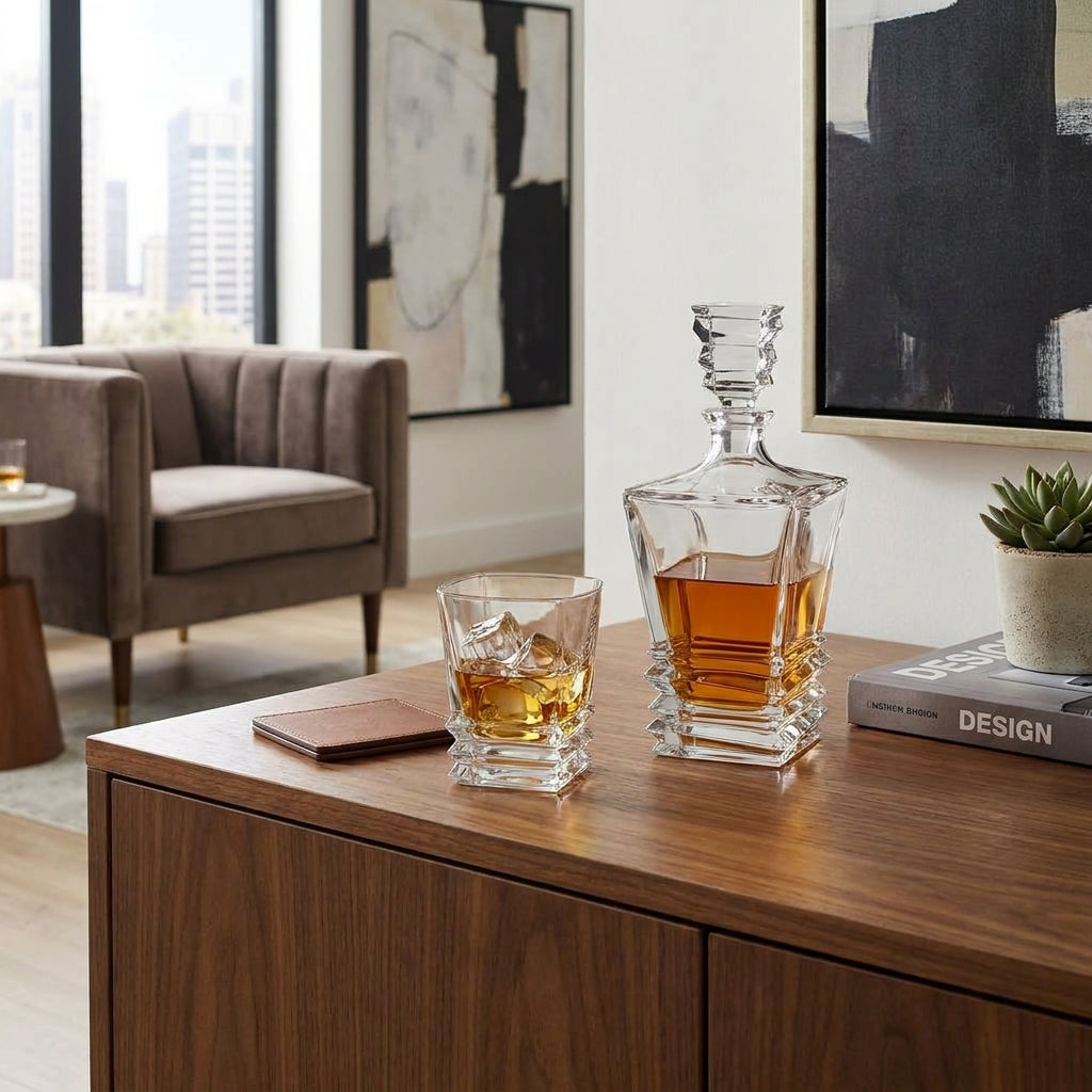 Bohemia Crystal Spirit Decanter Rocky 850ml with intricate glass design, perfect for storing and serving spirits elegantly.