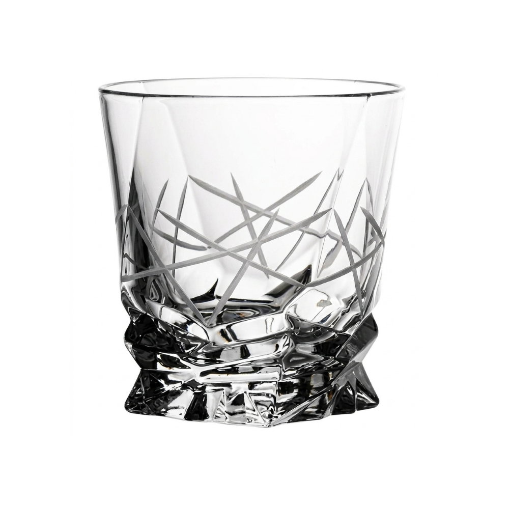 Set of six Bohemia Crystal Porto Jackstraw tumblers, 320 ml each, featuring elegant cut-glass design and clear transparency.