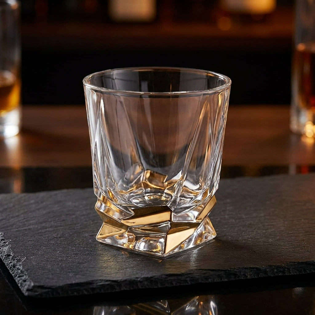 Set of six Bohemia Crystal Porto Step Gold Décor Tumblers, 320ml, featuring elegant gold accents and clear glass design.