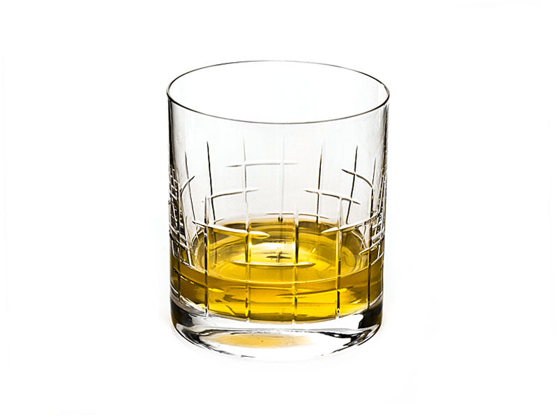 Set of four Bohemia Crystal Whisky Tumblers with criss-cross pattern, polished finish, 280 ml capacity.