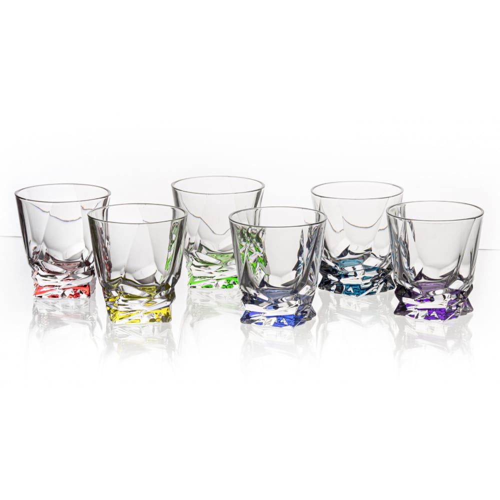 Set of six Bohemia Crystal Whisky Tumblers with Porto Harlequin design, elegant and clear glass drinkware for whisky.