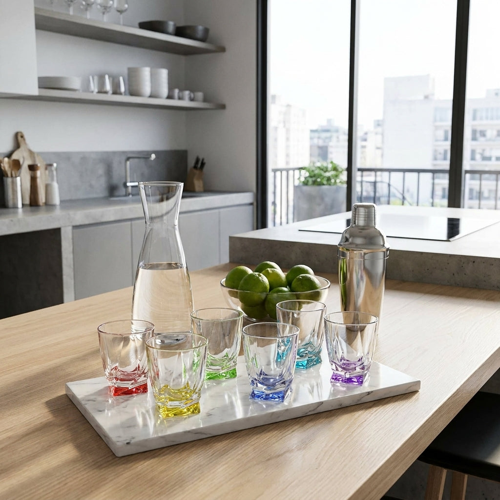 Set of six Bohemia Crystal Whisky Tumblers with Porto Harlequin design, clear glass and elegant shape.
