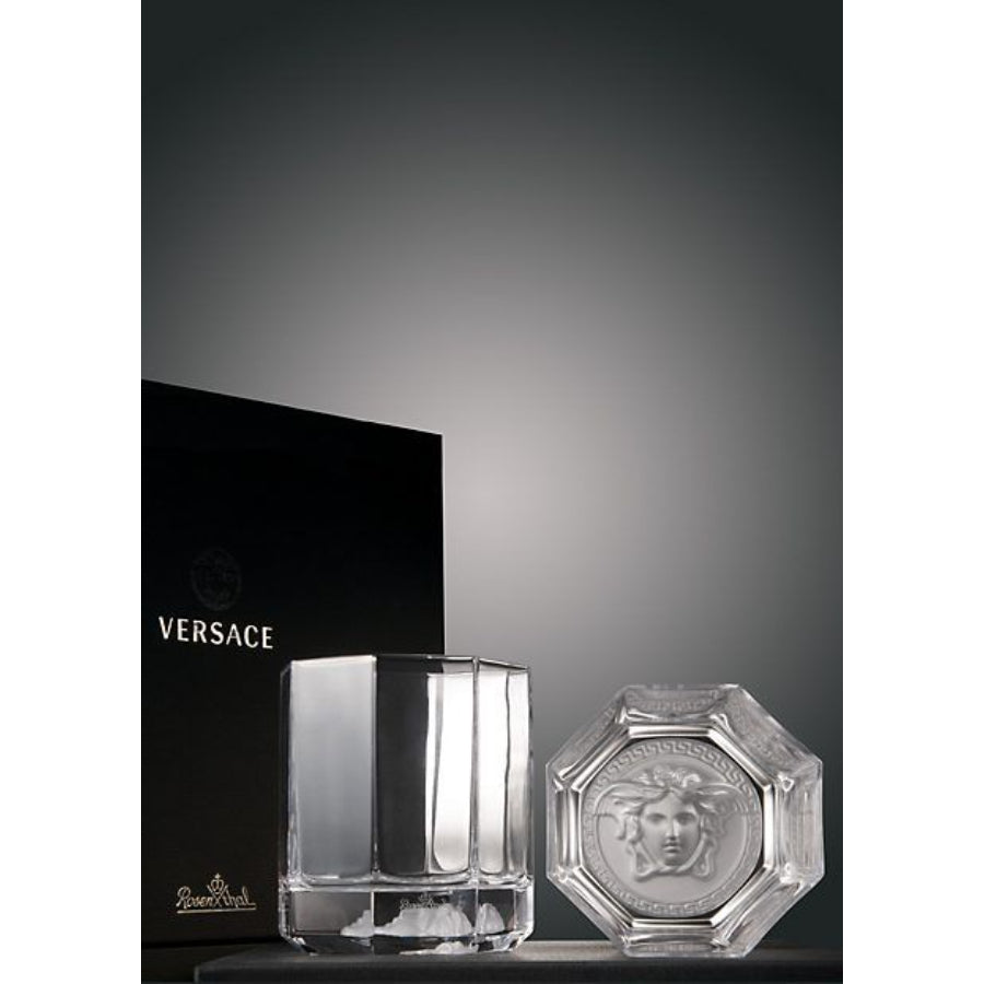 Pair of Versace Medusa Lumiere crystal tumblers, 9cm, featuring iconic Medusa design and luxurious clear crystal craftsmanship.