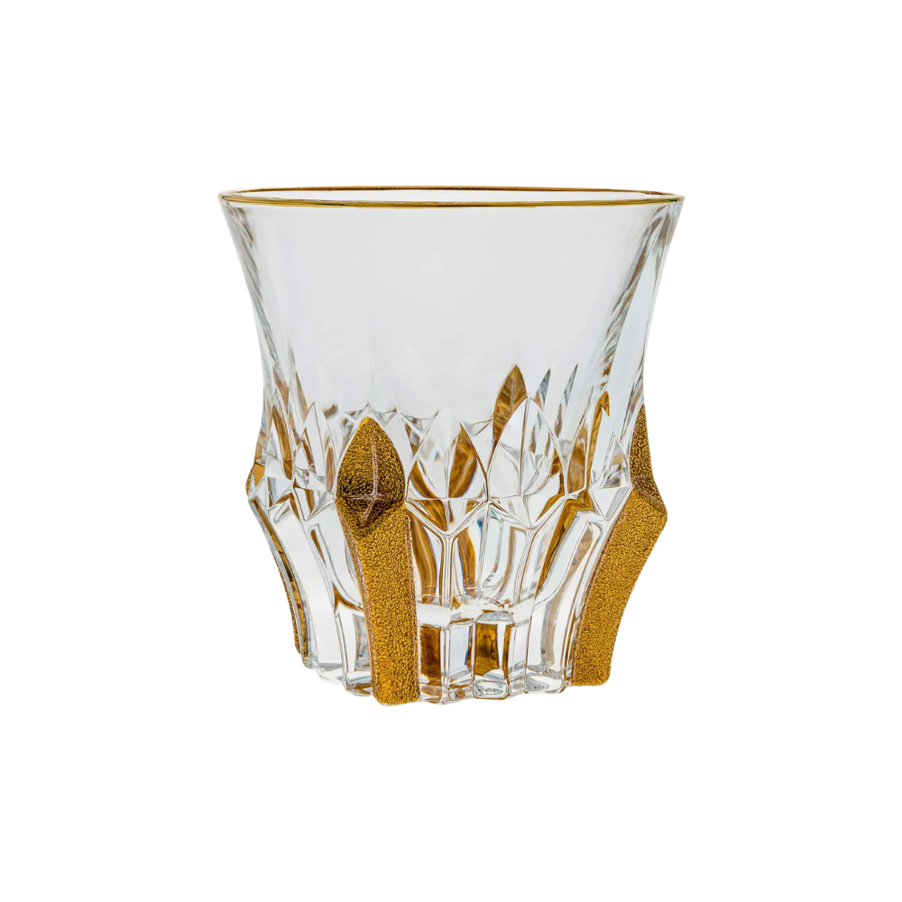 Set of six Bohemia Crystal Bohemia Prague DOF glasses with gold-accented rims and matching golden ice set, elegant drinkware.