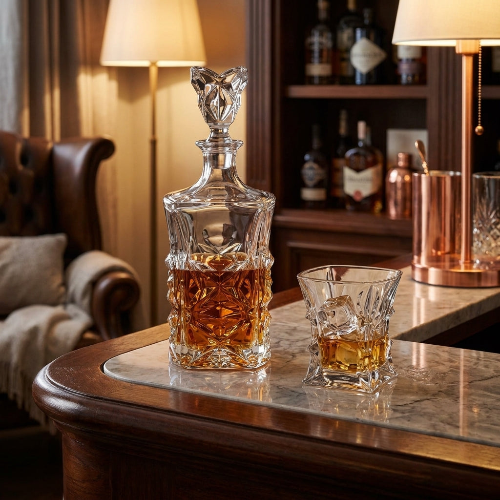 Bohemia Crystal pyramid-shaped decanter with a stopper, 800ml capacity, elegant glass design for spirits and liquor storage.
