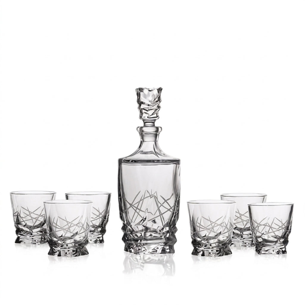 Bohemia Crystal Porto Jackstraw Whisky 7-piece set includes glasses and a decanter with elegant crystal design.
