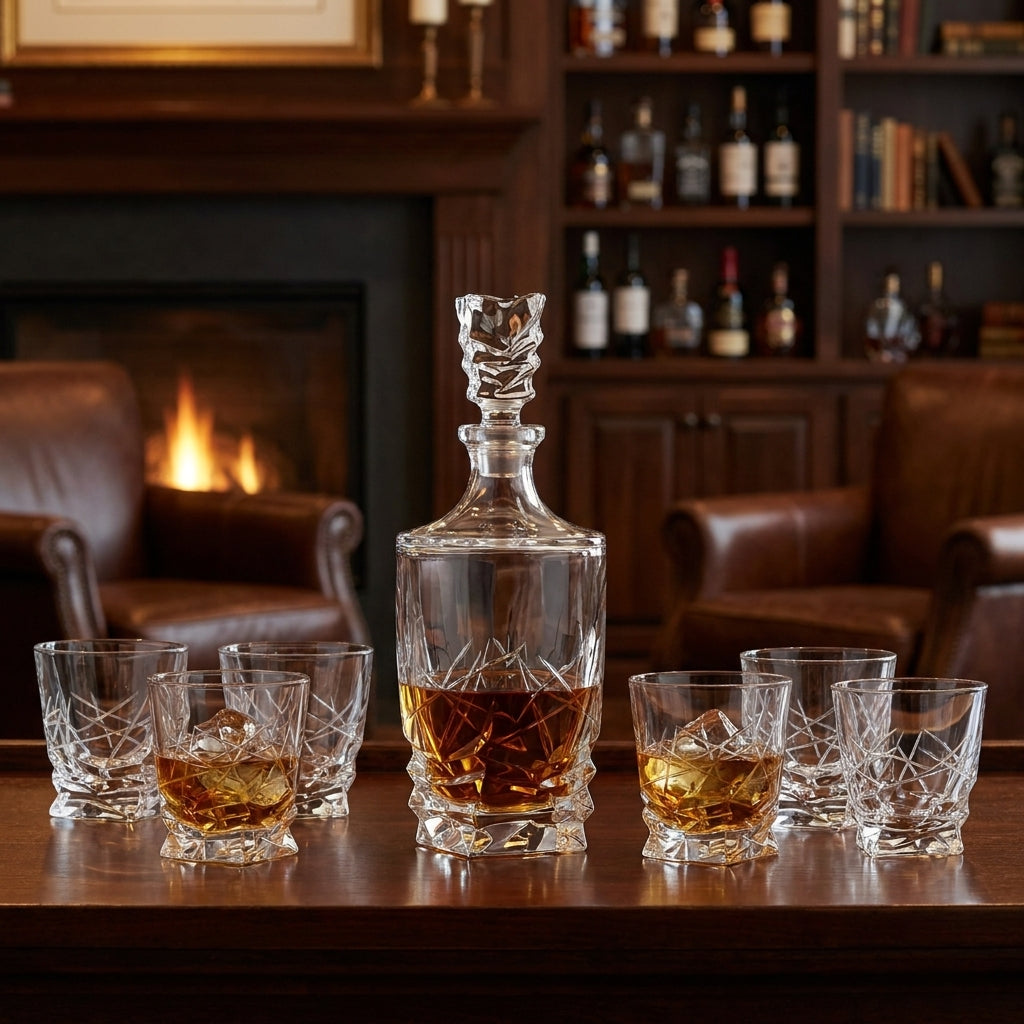 Bohemia Crystal Porto Jackstraw Whisky 7-piece set with crystal glasses and decanter, elegant and clear for serving whisky.