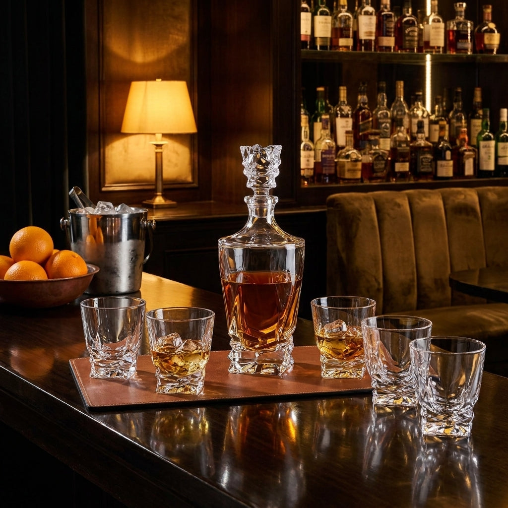 Bohemia Crystal Porto Whisky 7-piece set including glasses and decanter with elegant crystal design.