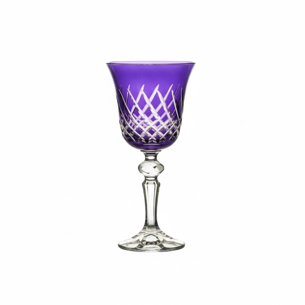 Kolglass Julia Wine Violet 170ml glass with a violet tint, featuring a sleek design and clear branding, ideal for wine serving.