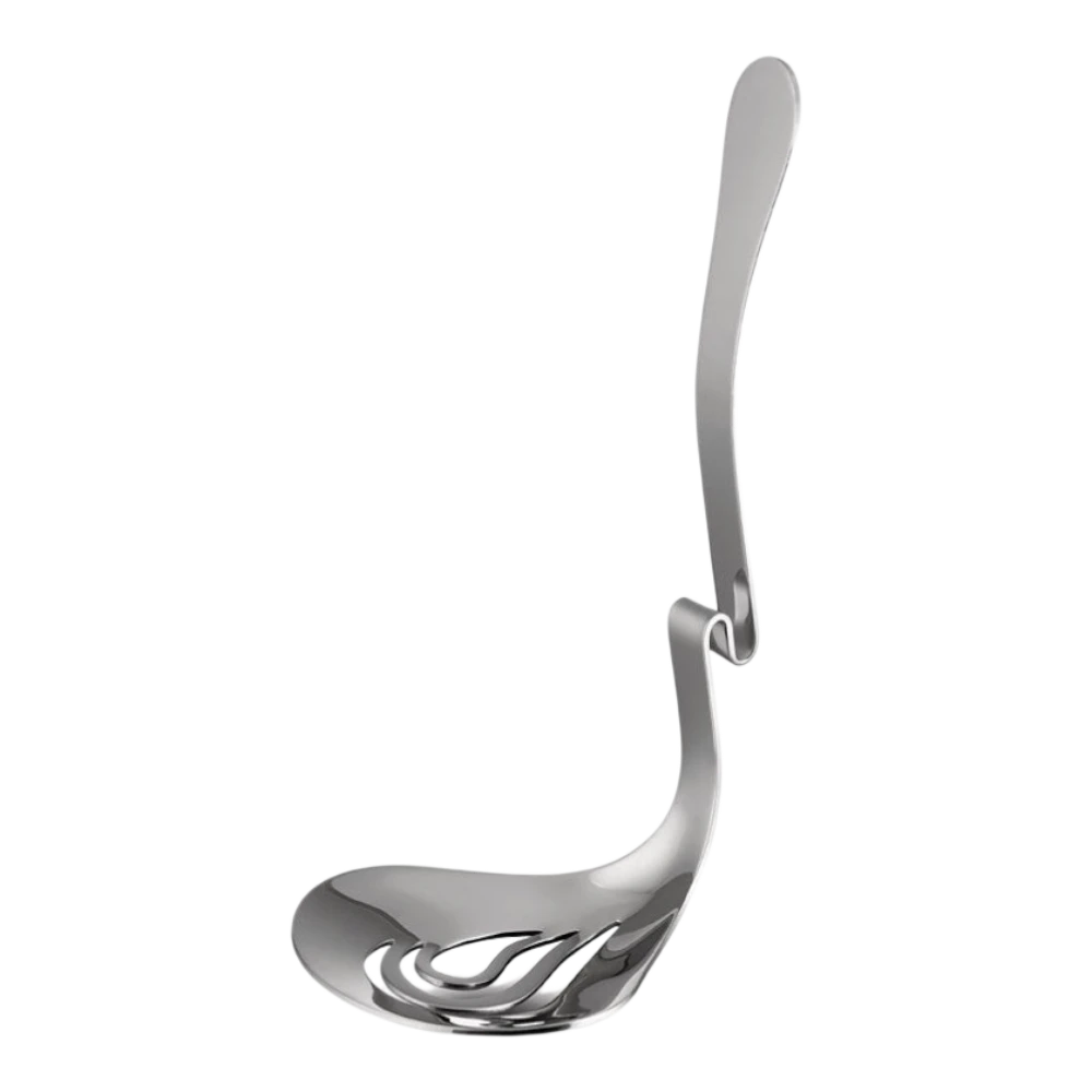 Alessi Nunziatella perforated ladle with stainless steel handle and perforated bowl for serving soups and sauces.