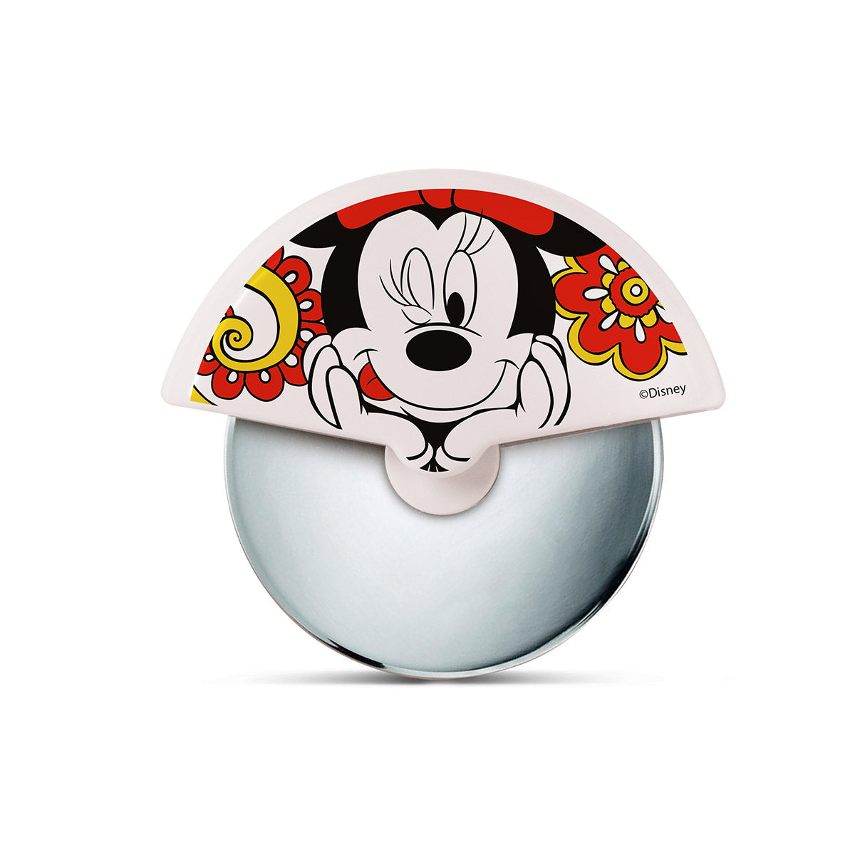 Gilde Disney Minnie stainless steel pizza cutter with a Minnie Mouse handle and decorative design for fun pizza slicing.