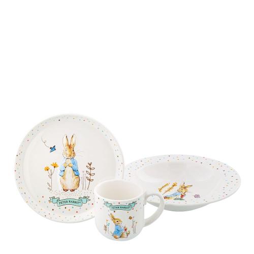 Beatrix Potter ceramic dinner set with three pieces featuring colorful character illustrations and a classic design.