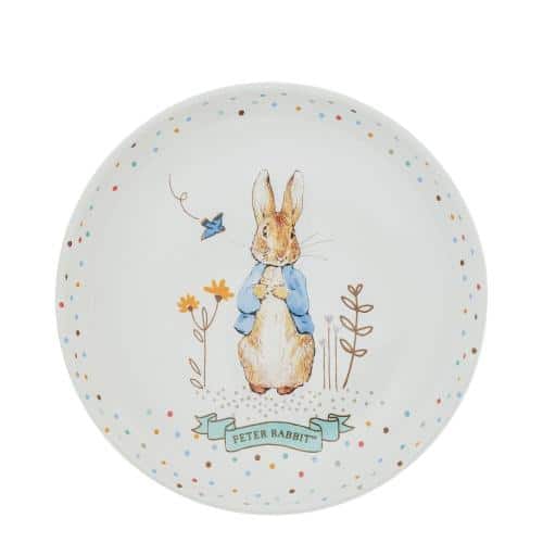 Beatrix Potter ceramic dinner set with three pieces featuring colorful character illustrations and floral patterns.