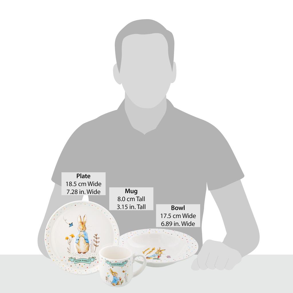 Ceramic Beatrix Potter dinner set with three pieces featuring classic character illustrations, perfect for children's mealtime.