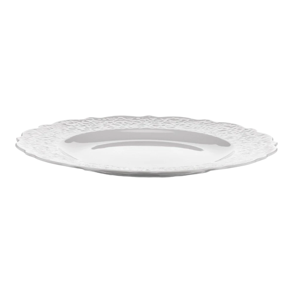Alessi dressed porcelain dinner plate with intricate design, round shape, and glossy finish, perfect for elegant table settings.