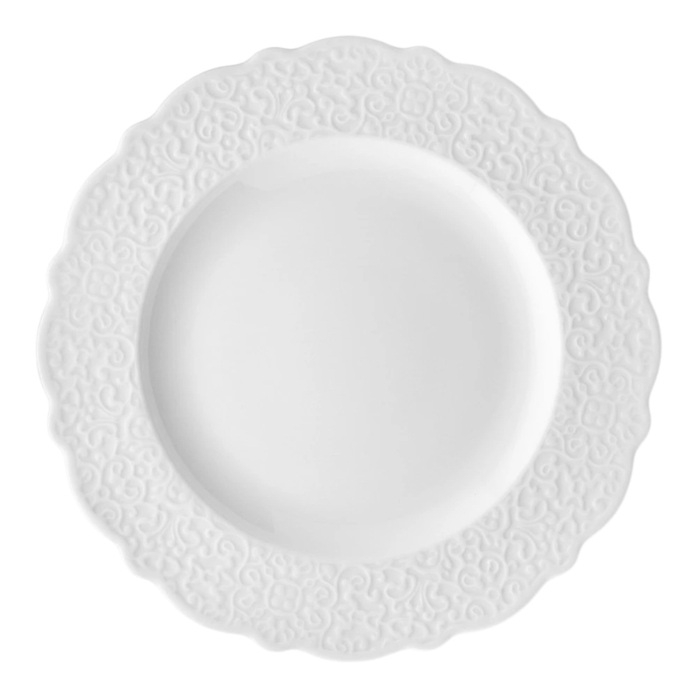 Alessi dressed porcelain dinner plate with elegant design, shown on a white background, suitable for formal dining settings.