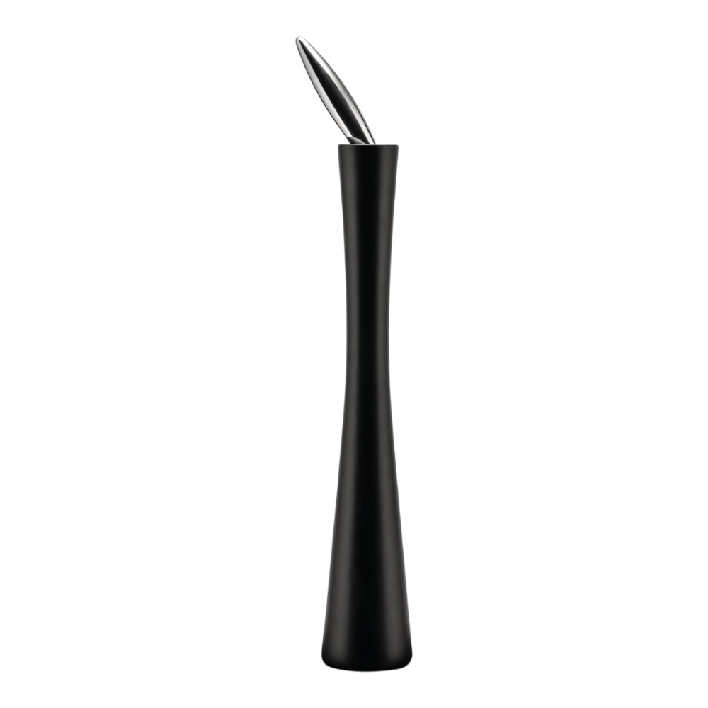Black Alessi salt, pepper, and spice grinder with sleek design, crafted by Paolo Pagani, shown on a white background.