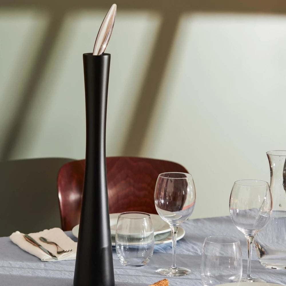 Alessi black salt, pepper, and spice grinder with sleek design by Paolo Pagani, featuring a modern, stylish kitchen accessory.