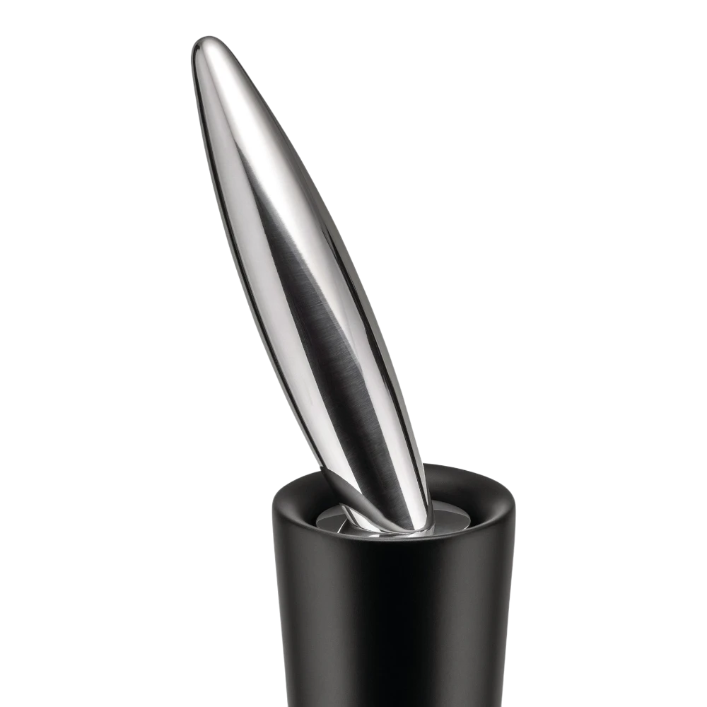 Alessi black salt, pepper, and spice grinder with sleek design and adjustable grind mechanism.