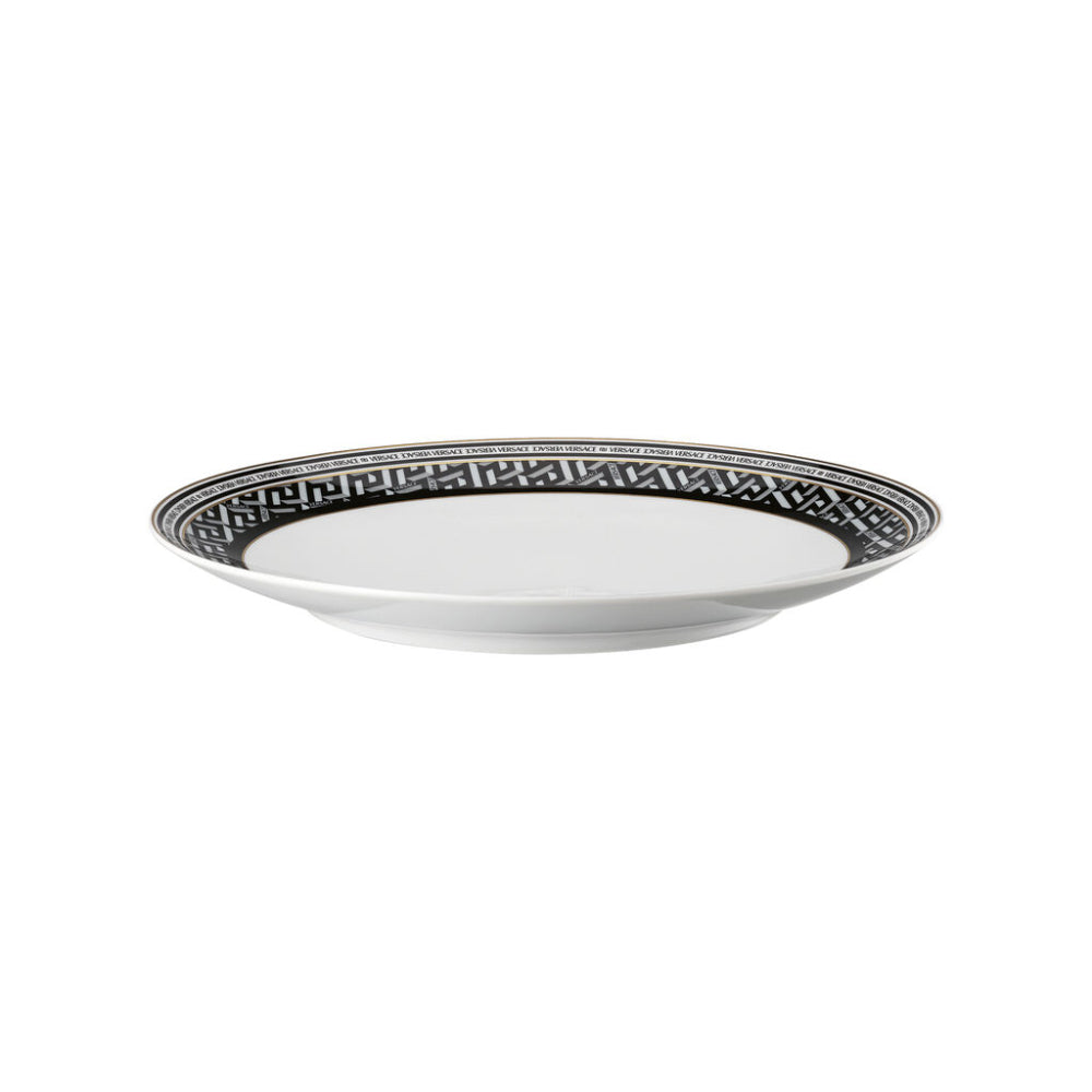 Black Versace La Greca Signature ceramic plate, 28cm, with distinctive gold pattern and ornate design.